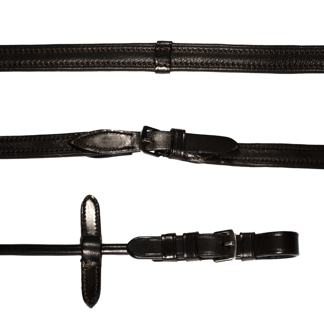 Padded nappa leather reins (rolled) - black & brown (silver fittings) - Lumiere Equestrian